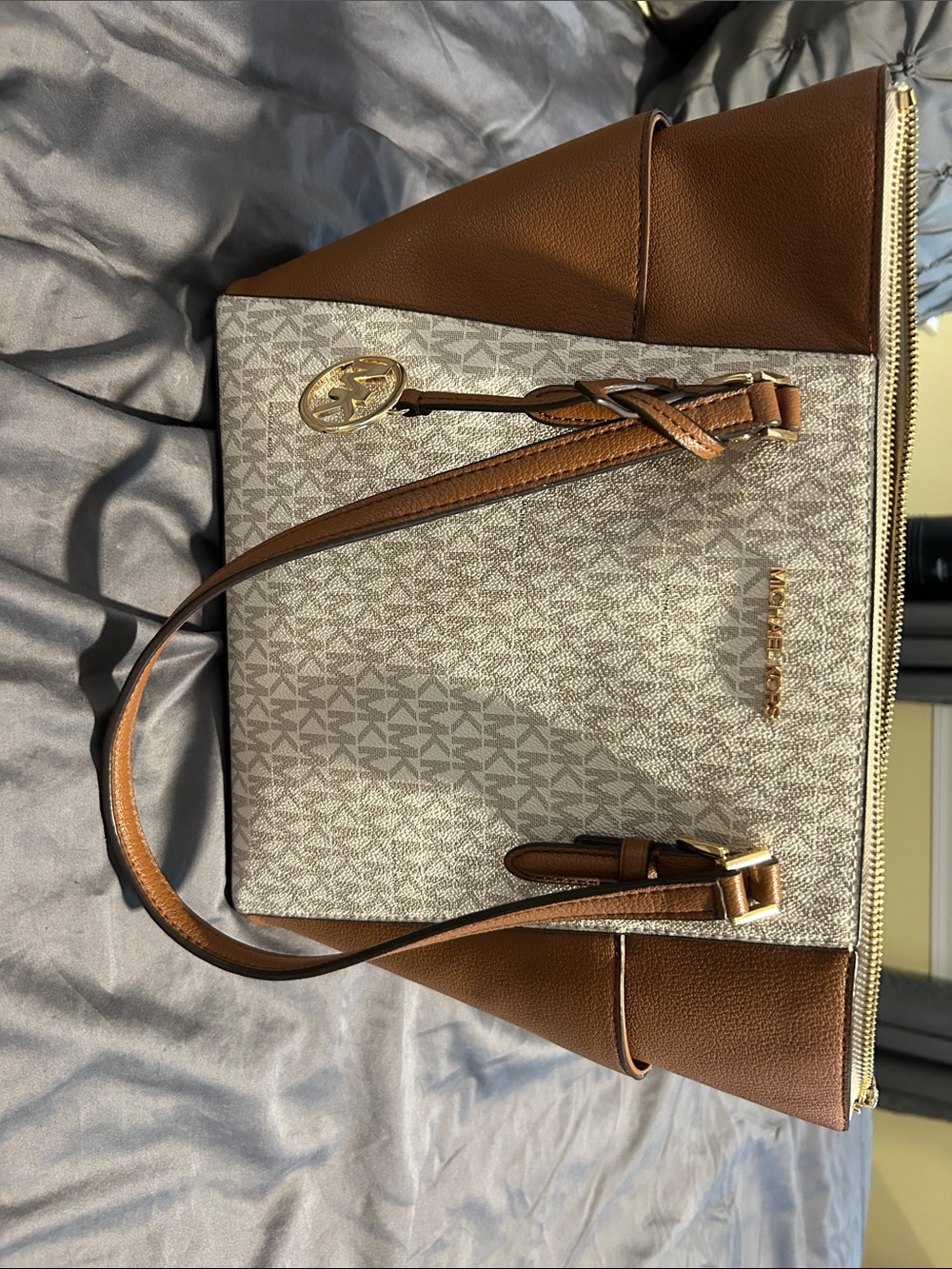 Michael Kors Brown and Cream Logo Tote with Gold Hardware